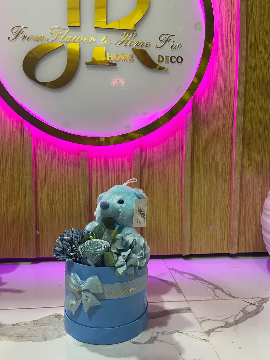 Blue teddy box by Joury Flowers