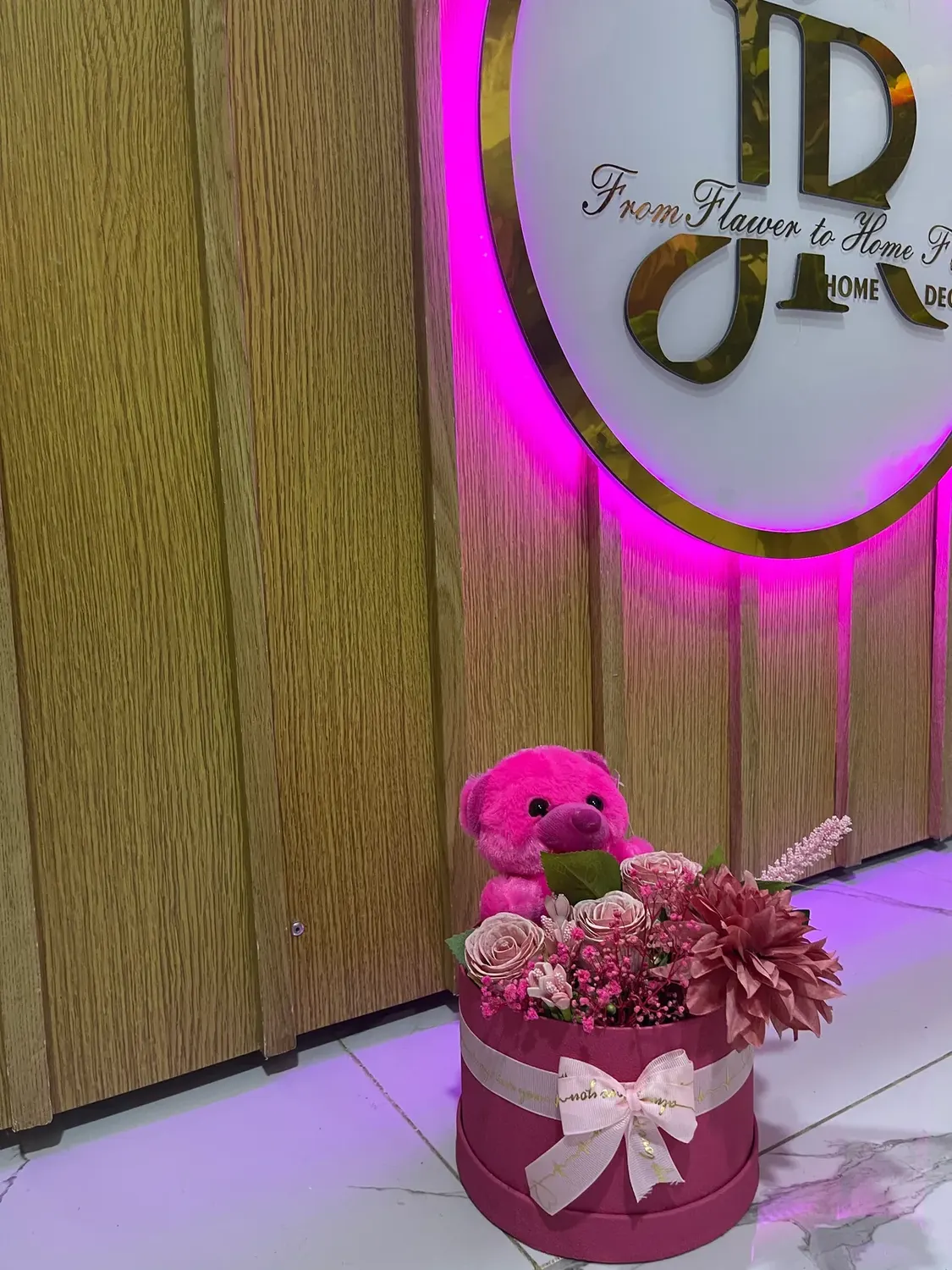 Pink teddy box by Joury Flowers